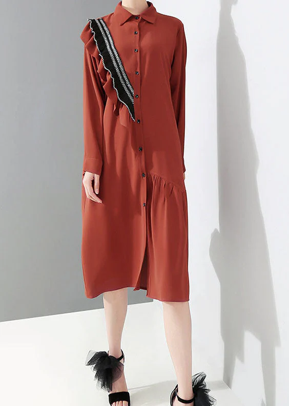 Fashion Red Peter Pan Collar Asymmetrical Ruffled shirt Dress Spring - Image 2
