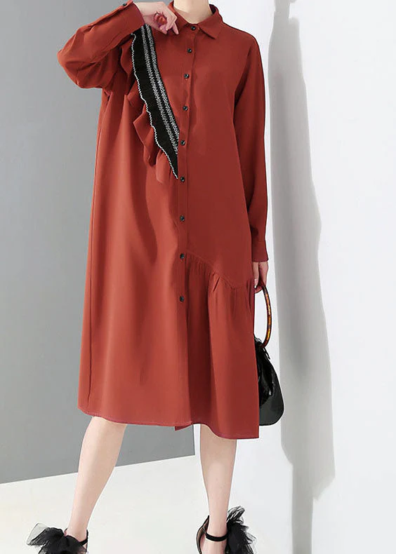 Fashion Red Peter Pan Collar Asymmetrical Ruffled shirt Dress Spring - Image 3