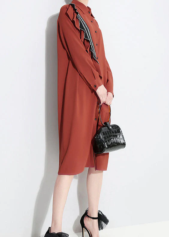 Fashion Red Peter Pan Collar Asymmetrical Ruffled shirt Dress Spring - Image 4