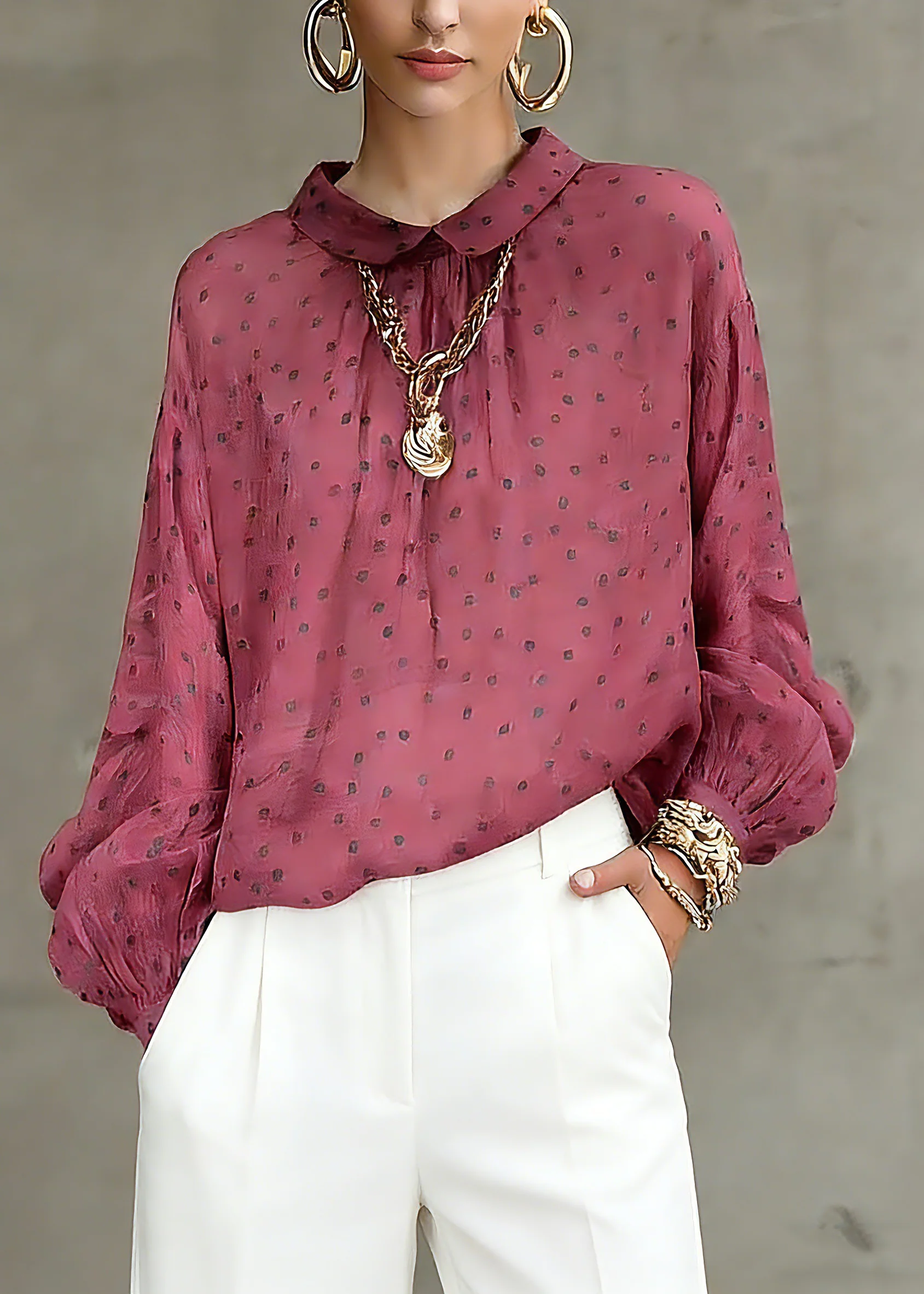 Fashion Red Peter Pan Collar Dot Print Top Spring