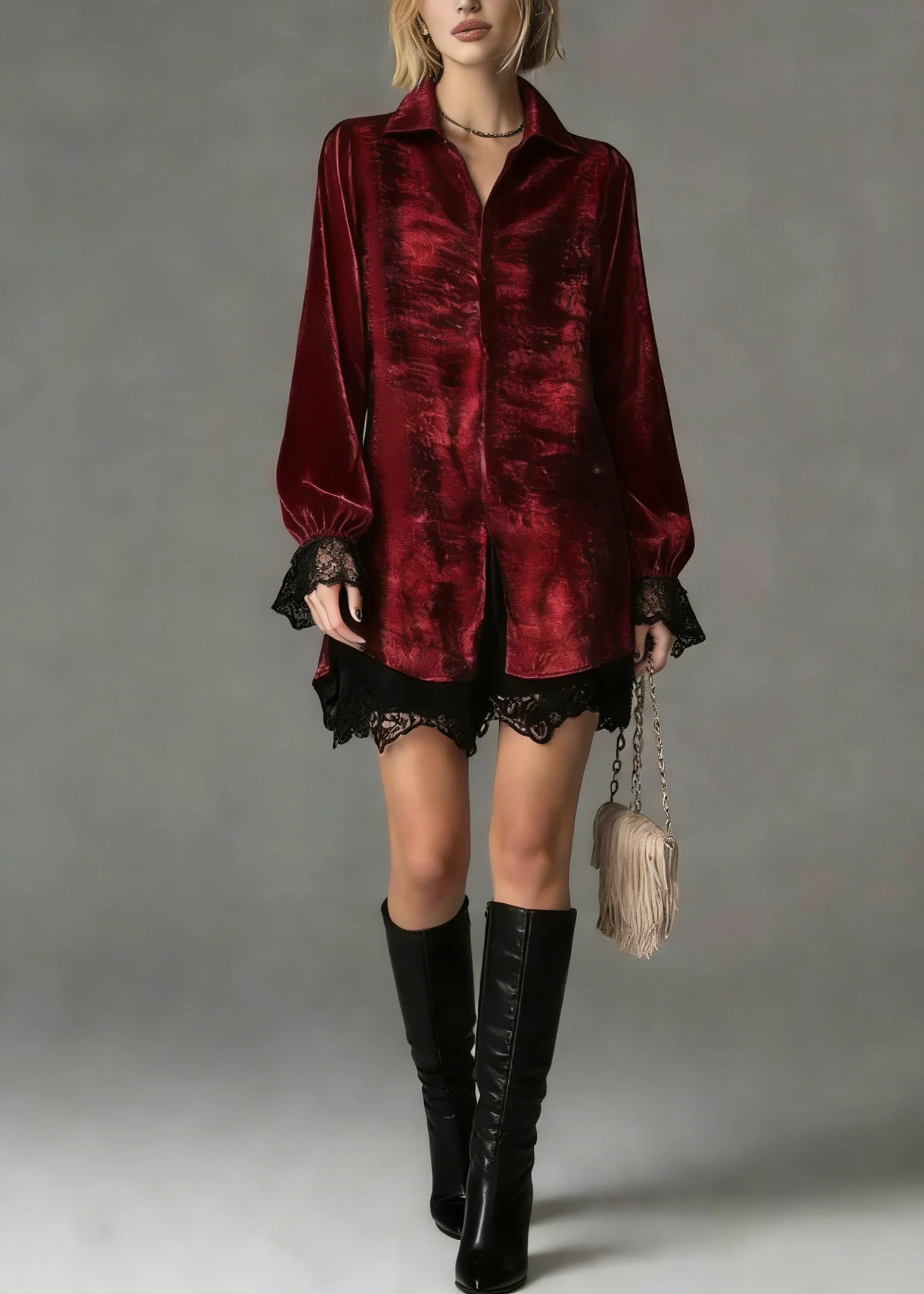 Fashion Red Peter Pan Collar Lace Patchwork Silk Shirt Top Spring - Image 4