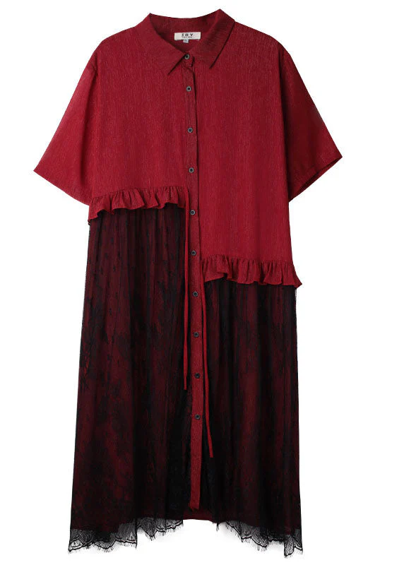 Fashion Red Peter Pan Collar Lace Patchwork Tasseled Chiffon Day Dress Spring - Image 5