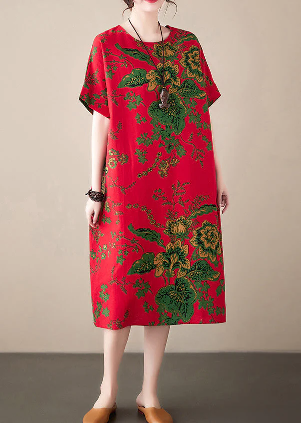Fashion Red Print Chiffon Macxi Dress Short Sleeve - Image 2