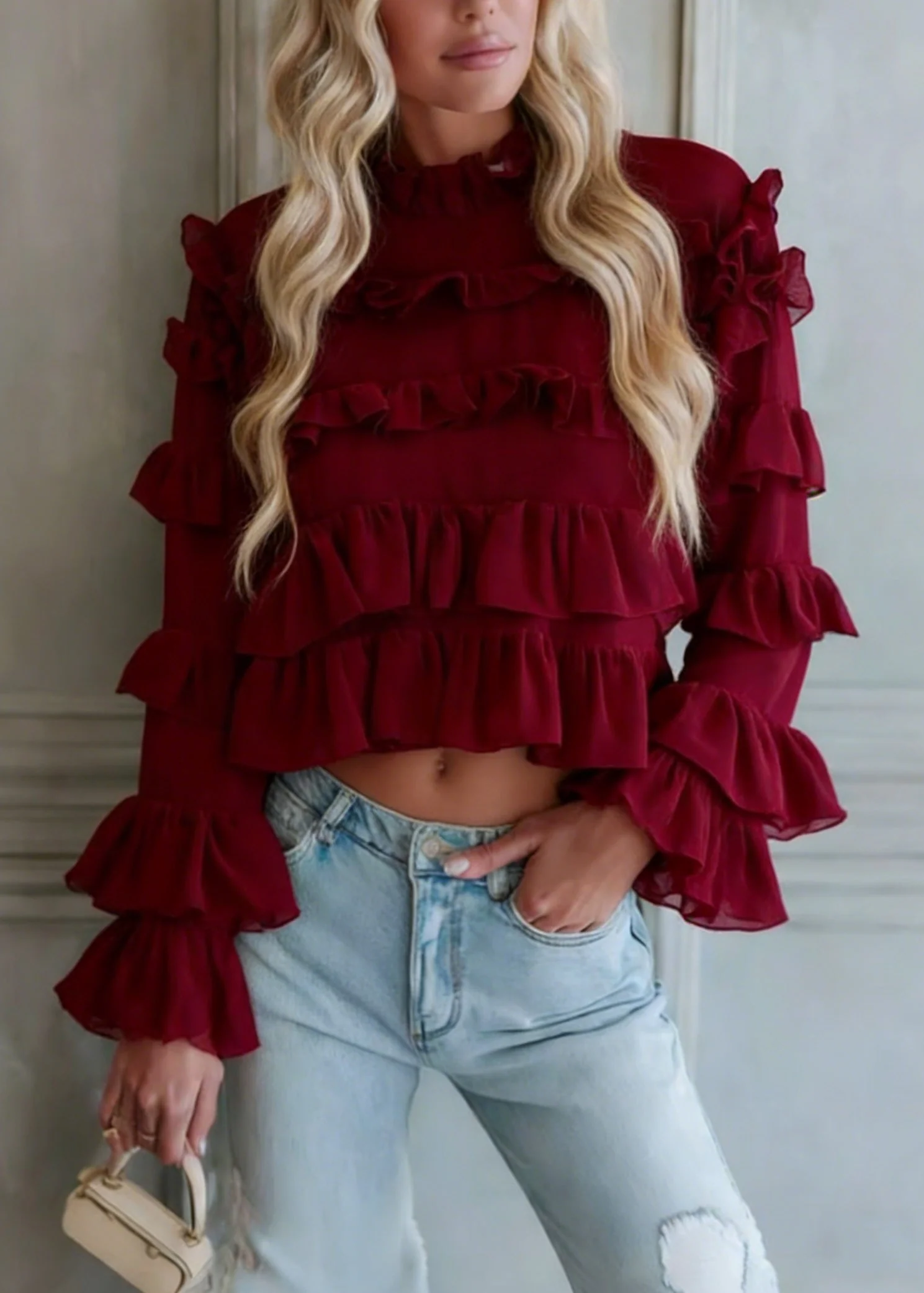 Fashion Red Ruffled Patchwork Chiffon Blouse Top Spring - Image 5