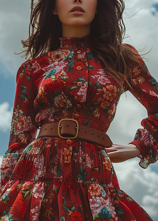 Fashion Red Ruffled Print Button Cotton Mini Dress Long Sleeve - Image 2