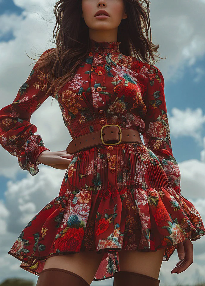 Fashion Red Ruffled Print Button Cotton Mini Dress Long Sleeve - Image 3