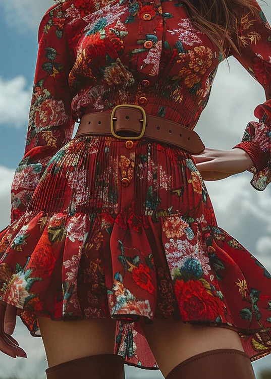 Fashion Red Ruffled Print Button Cotton Mini Dress Long Sleeve - Image 4