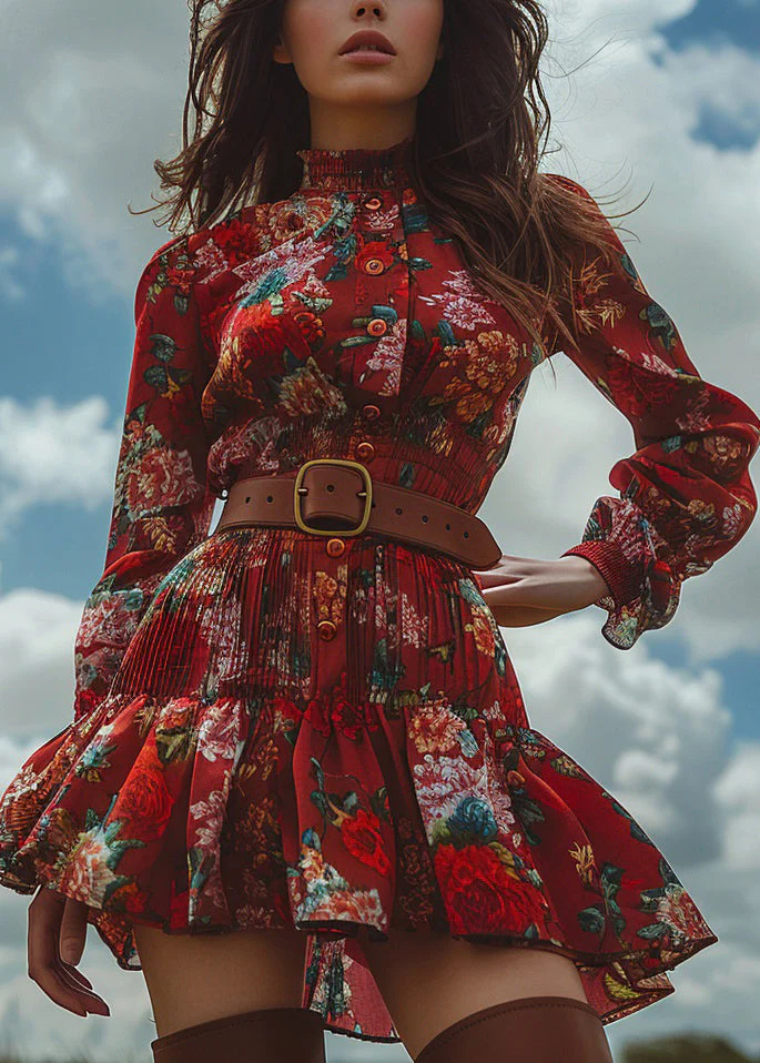 Fashion Red Ruffled Print Button Cotton Mini Dress Long Sleeve - Image 5