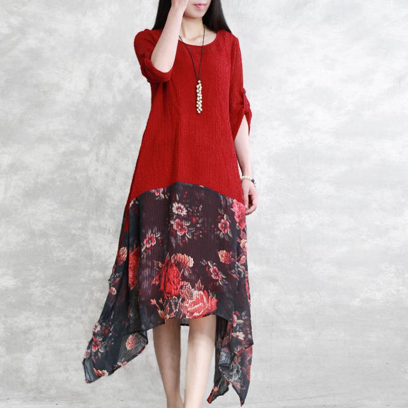 fashion red silk dress plus size clothing patchwork silk clothing dresses women asymmetric hem silk caftans - Image 2
