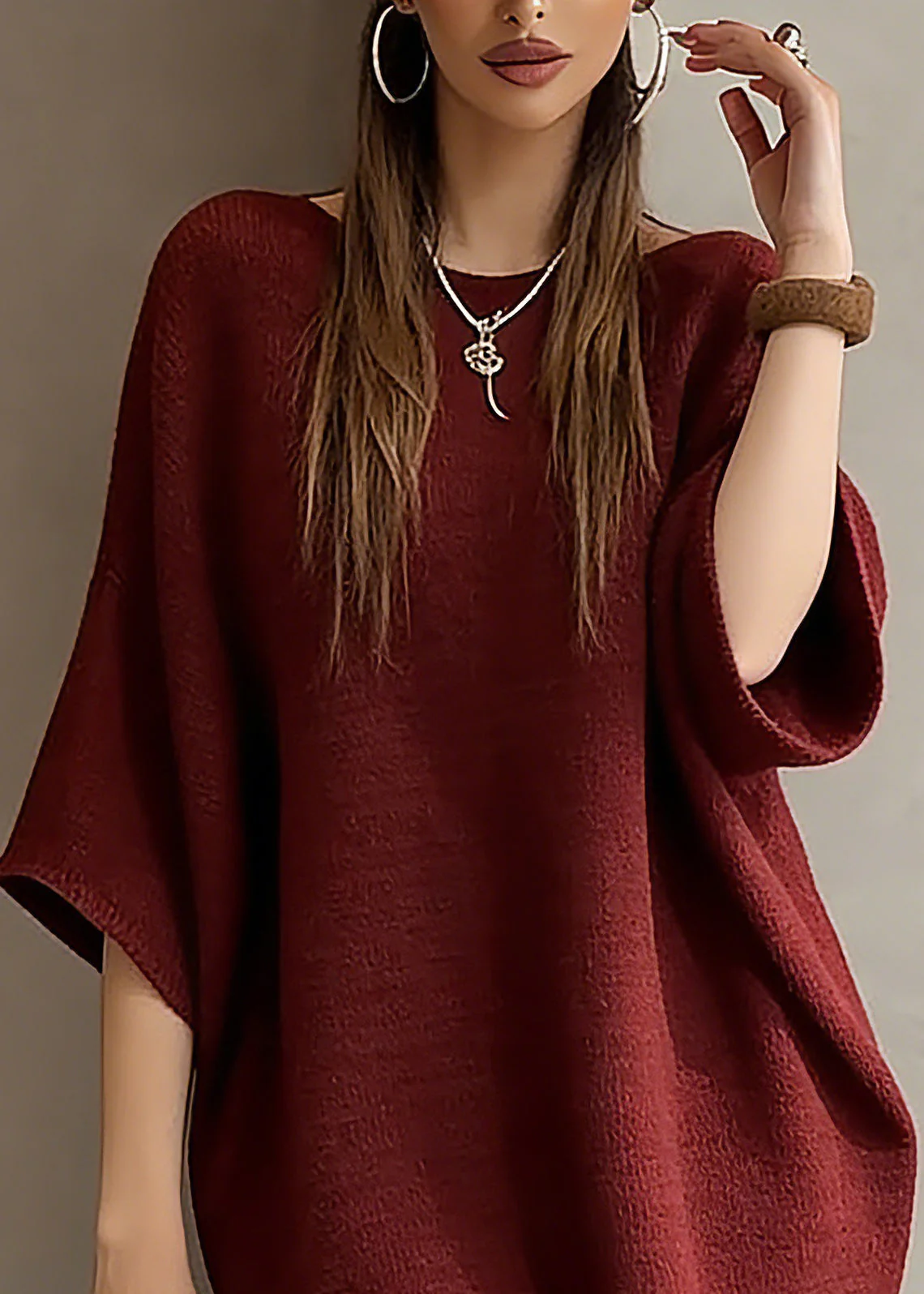 Fashion Red Slash Neck Knit Sweater Dress Batwing Sleeve - Image 2