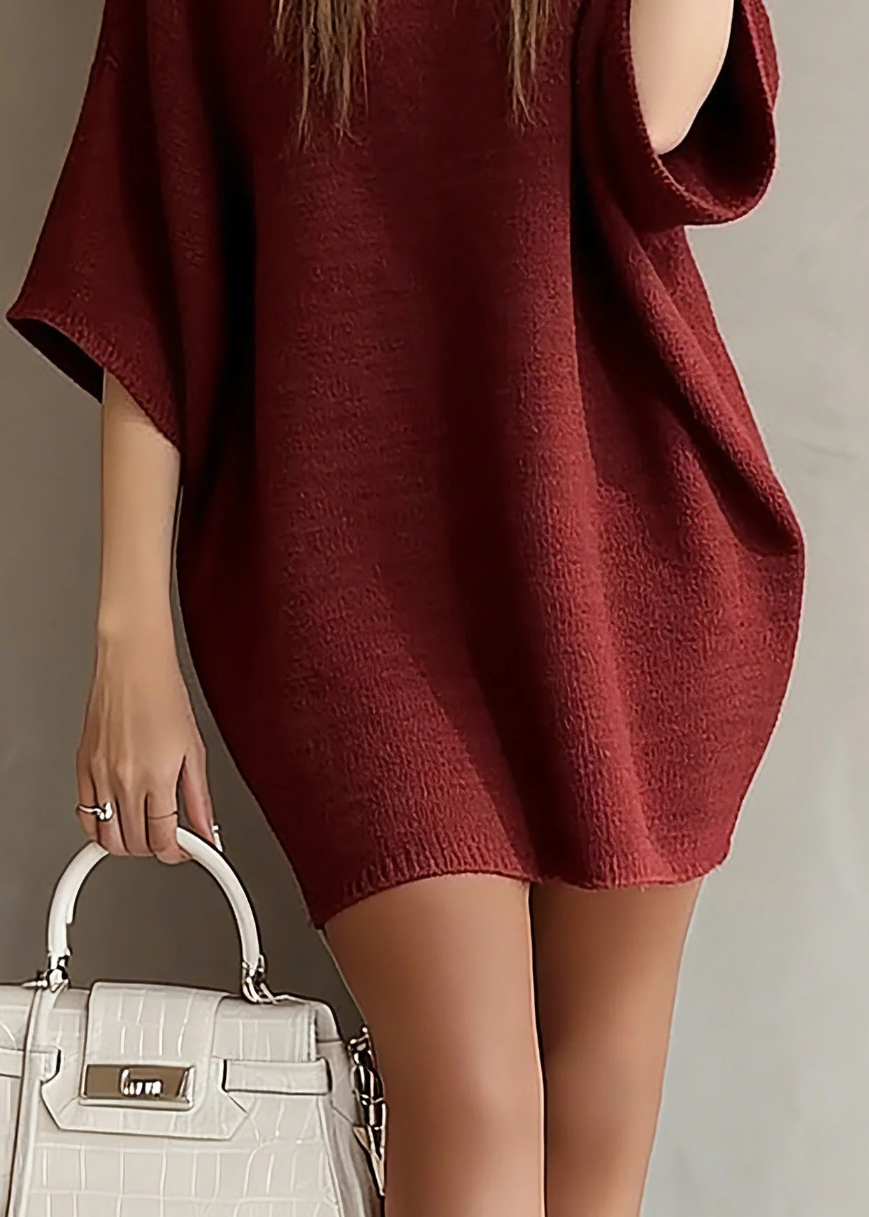 Fashion Red Slash Neck Knit Sweater Dress Batwing Sleeve - Image 4