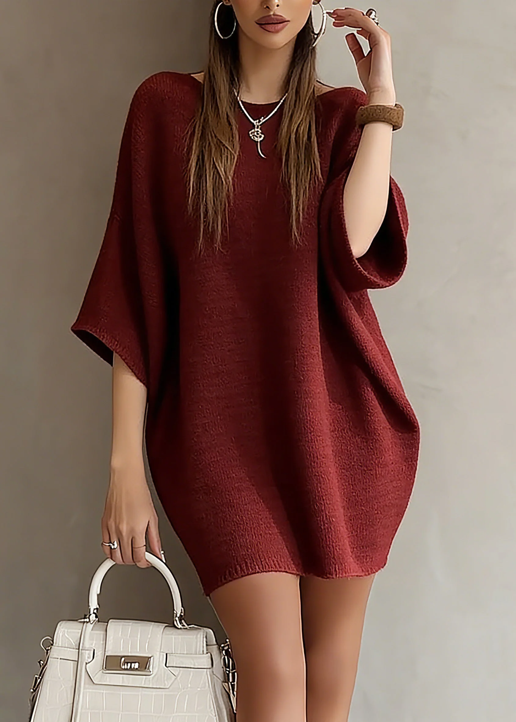 Fashion Red Slash Neck Knit Sweater Dress Batwing Sleeve - Image 5