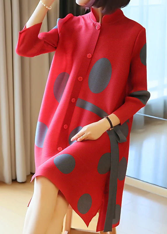 Fashion Red Stand Collar Dot Print Side Open Holiday Dresses Spring - Image 2