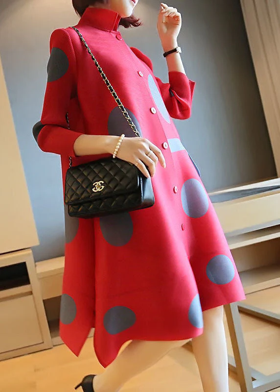 Fashion Red Stand Collar Dot Print Side Open Holiday Dresses Spring - Image 3