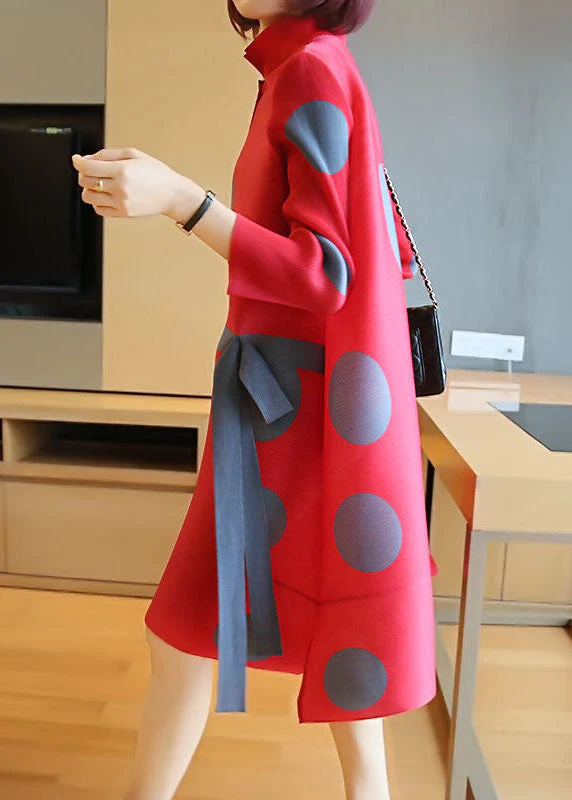 Fashion Red Stand Collar Dot Print Side Open Holiday Dresses Spring - Image 4