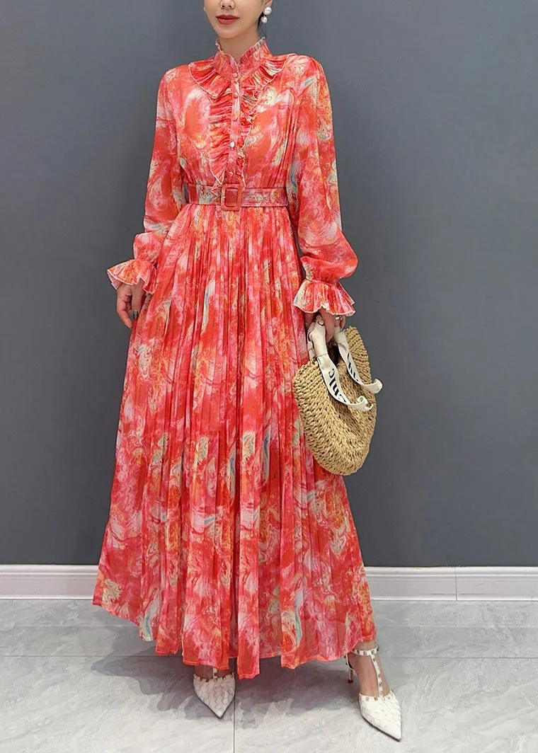 Fashion Red Stand Collar Print Sashes Chiffon Long Dress Long Sleeve