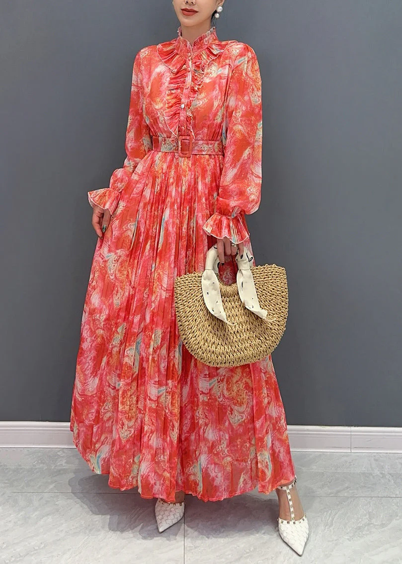 Fashion Red Stand Collar Print Sashes Chiffon Long Dress Long Sleeve - Image 2