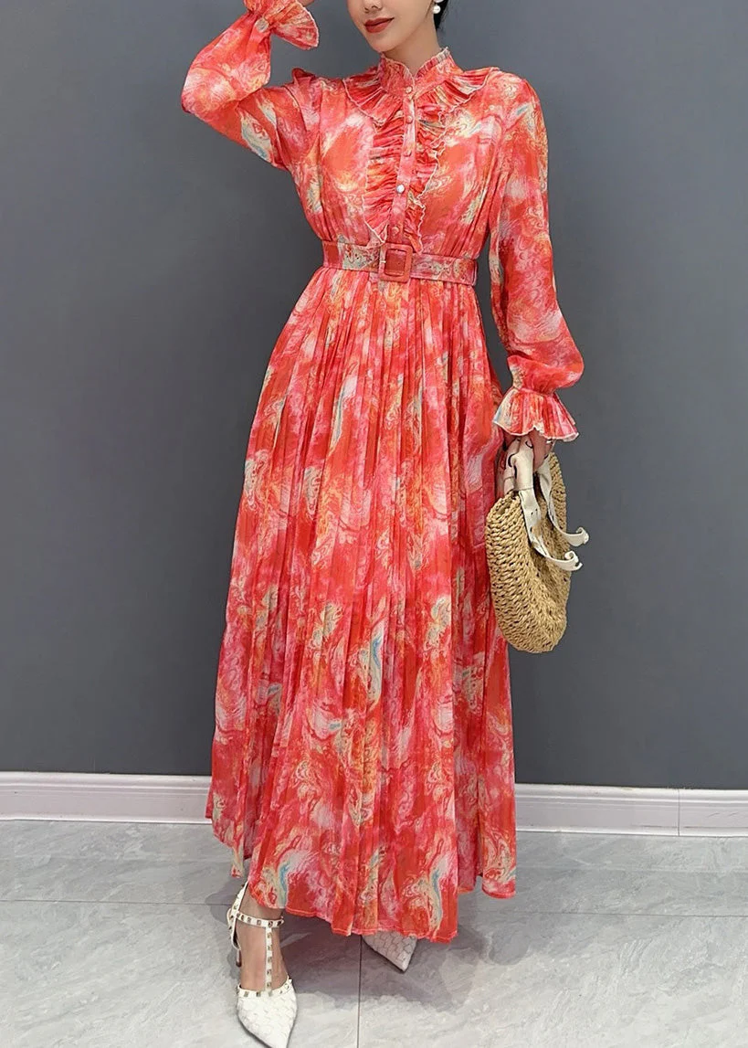 Fashion Red Stand Collar Print Sashes Chiffon Long Dress Long Sleeve - Image 3