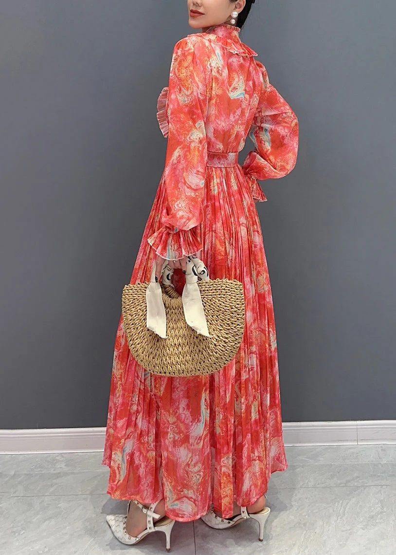 Fashion Red Stand Collar Print Sashes Chiffon Long Dress Long Sleeve - Image 4