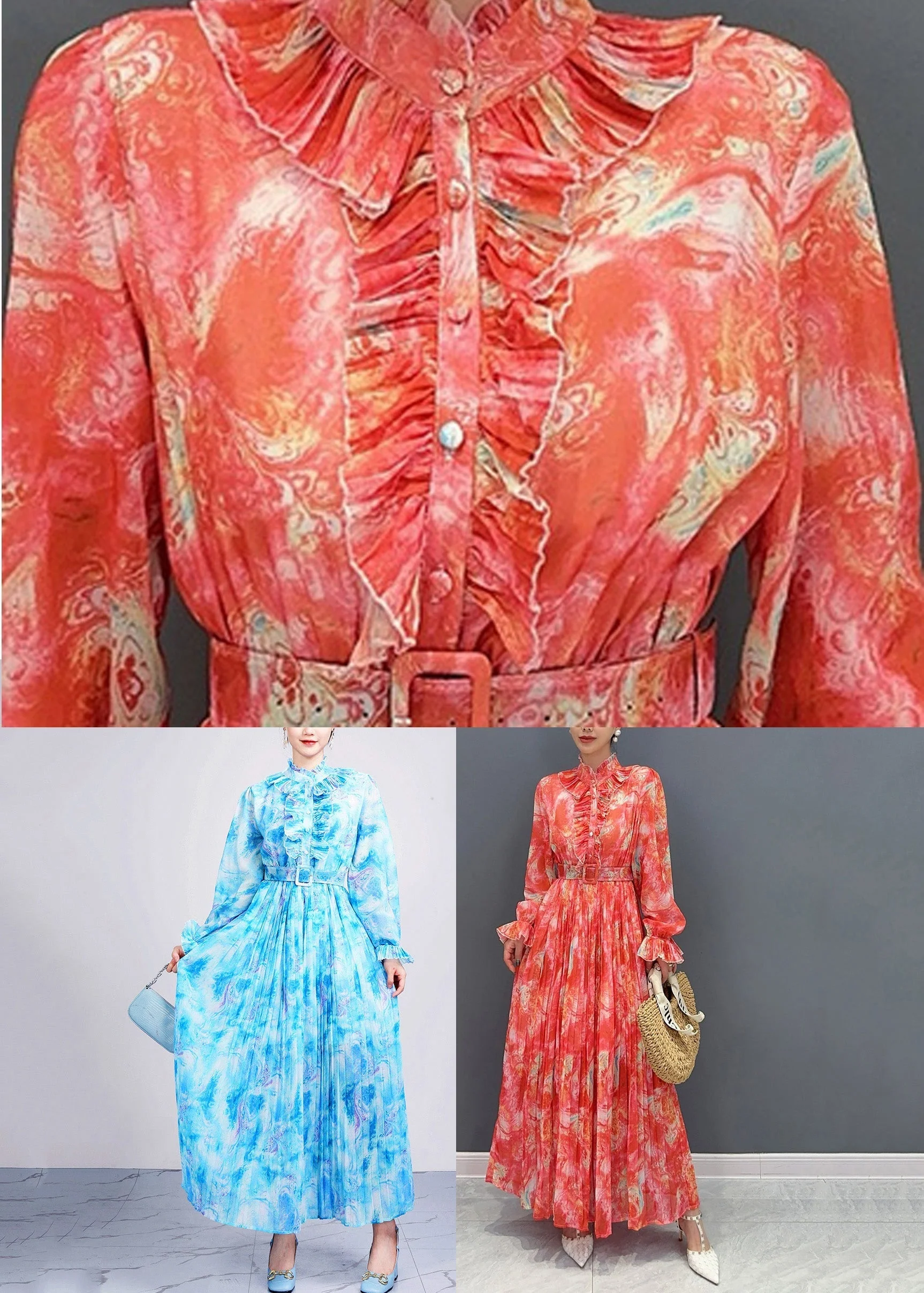 Fashion Red Stand Collar Print Sashes Chiffon Long Dress Long Sleeve - Image 5