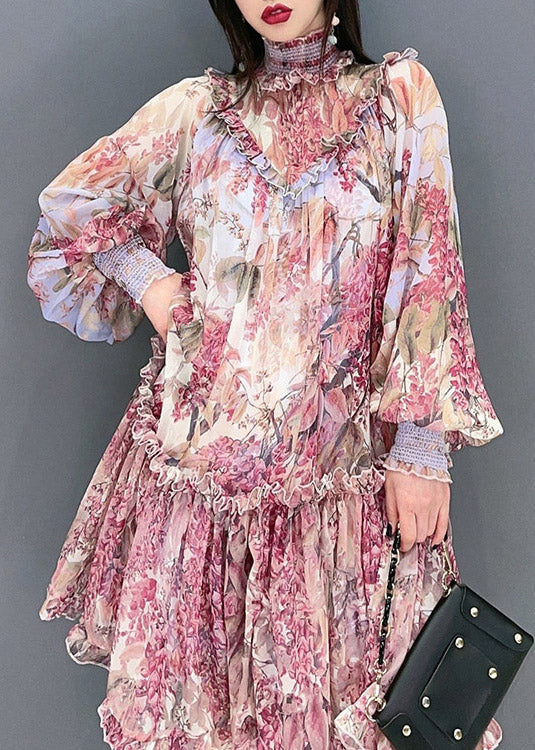 Fashion Red Stand Collar Ruffled Print Chiffon Dress Long Sleeve - Image 2