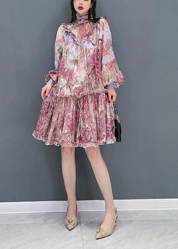 Fashion Red Stand Collar Ruffled Print Chiffon Dress Long Sleeve - Image 3