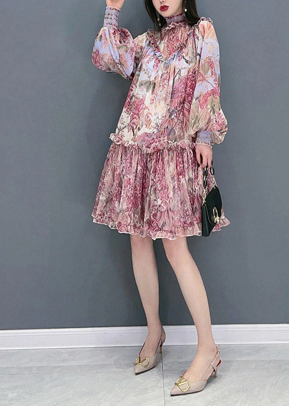 Fashion Red Stand Collar Ruffled Print Chiffon Dress Long Sleeve - Image 4