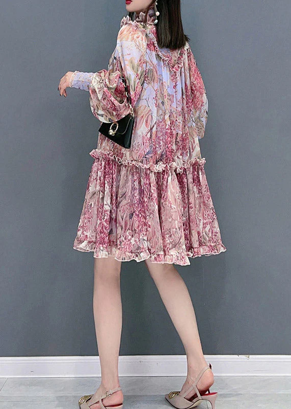 Fashion Red Stand Collar Ruffled Print Chiffon Dress Long Sleeve - Image 5