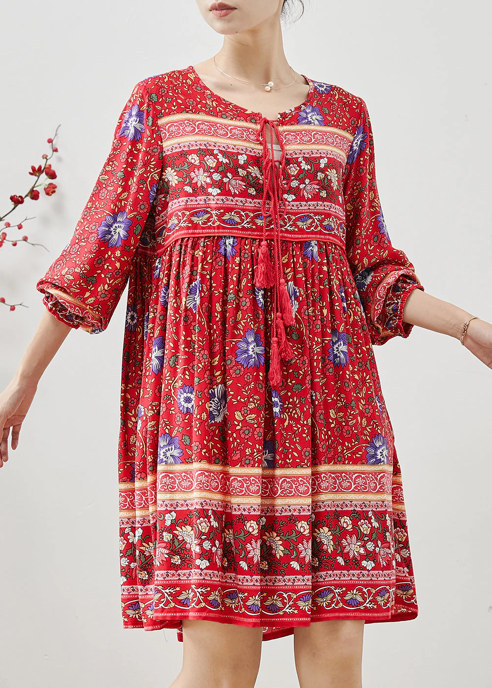 Fashion Red Tasseled Print Cotton Mini Dresses Fall - Image 3