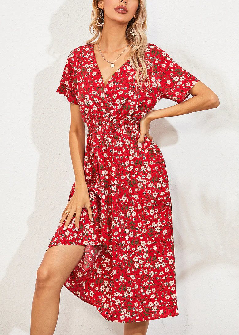 Fashion Red V Nec Print Long Dress Summer