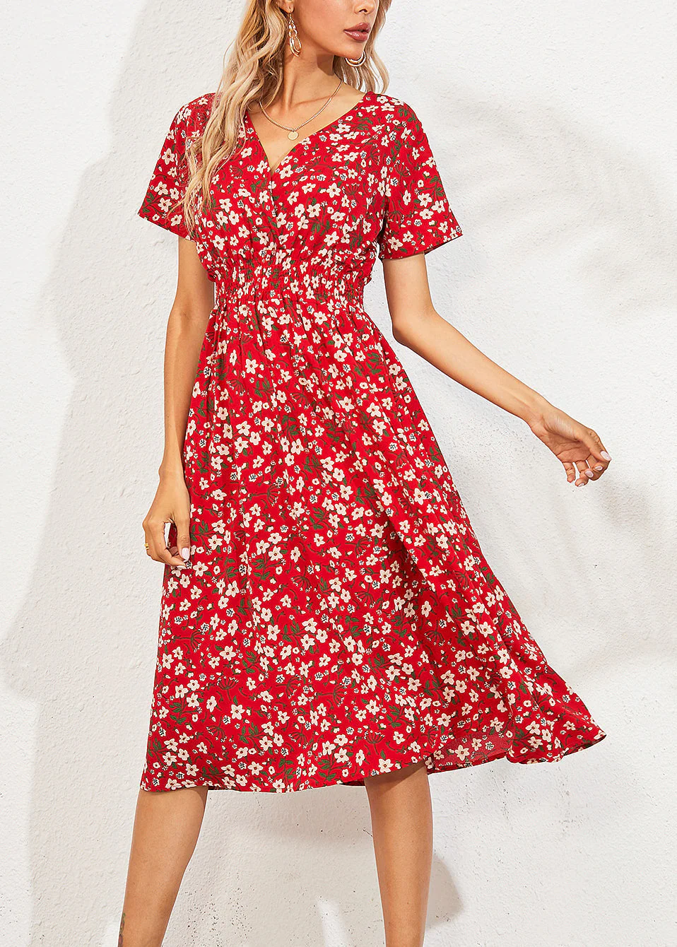 Fashion Red V Nec Print Long Dress Summer - Image 3
