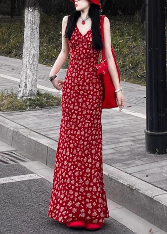 Fashion Red V Neck Print Maxi Dress Sleeveless - Image 2