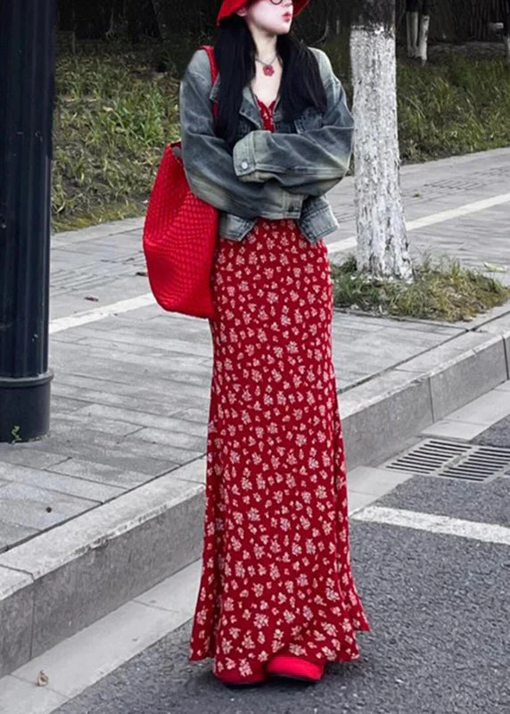 Fashion Red V Neck Print Maxi Dress Sleeveless - Image 3