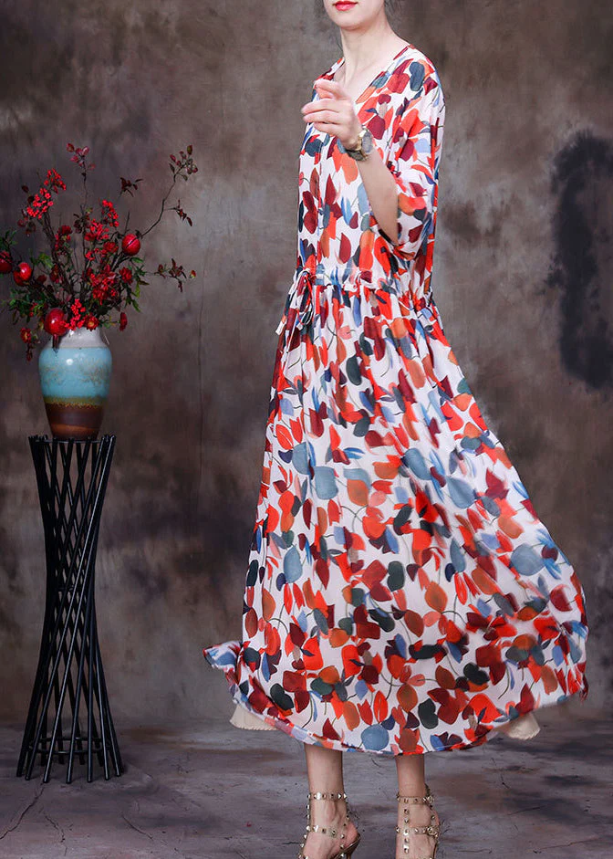 Fashion Red V Neck Print Tie Waist Chiffon Maxi Dresses Half Sleeve - Image 2