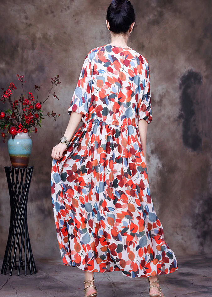 Fashion Red V Neck Print Tie Waist Chiffon Maxi Dresses Half Sleeve - Image 3