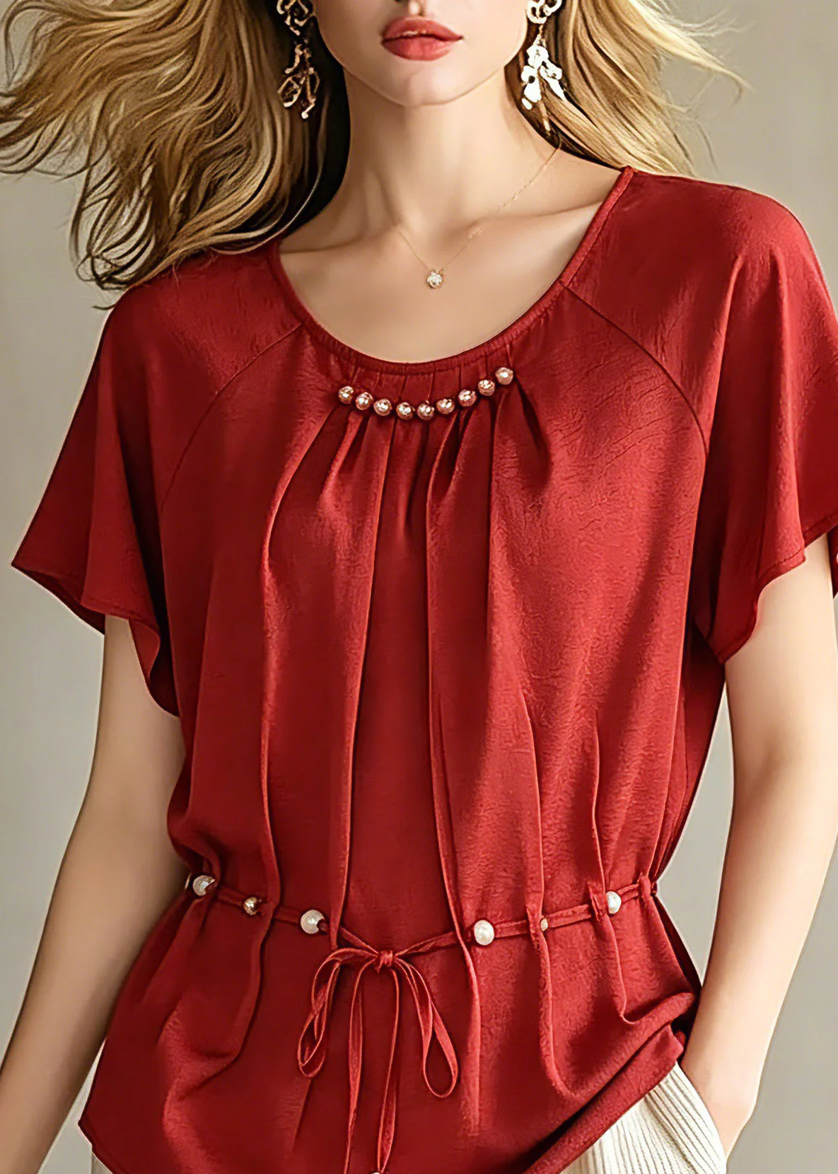 Fashion Red Wrinkled Tie Waist Chiffon Top Short Sleeve - Image 2