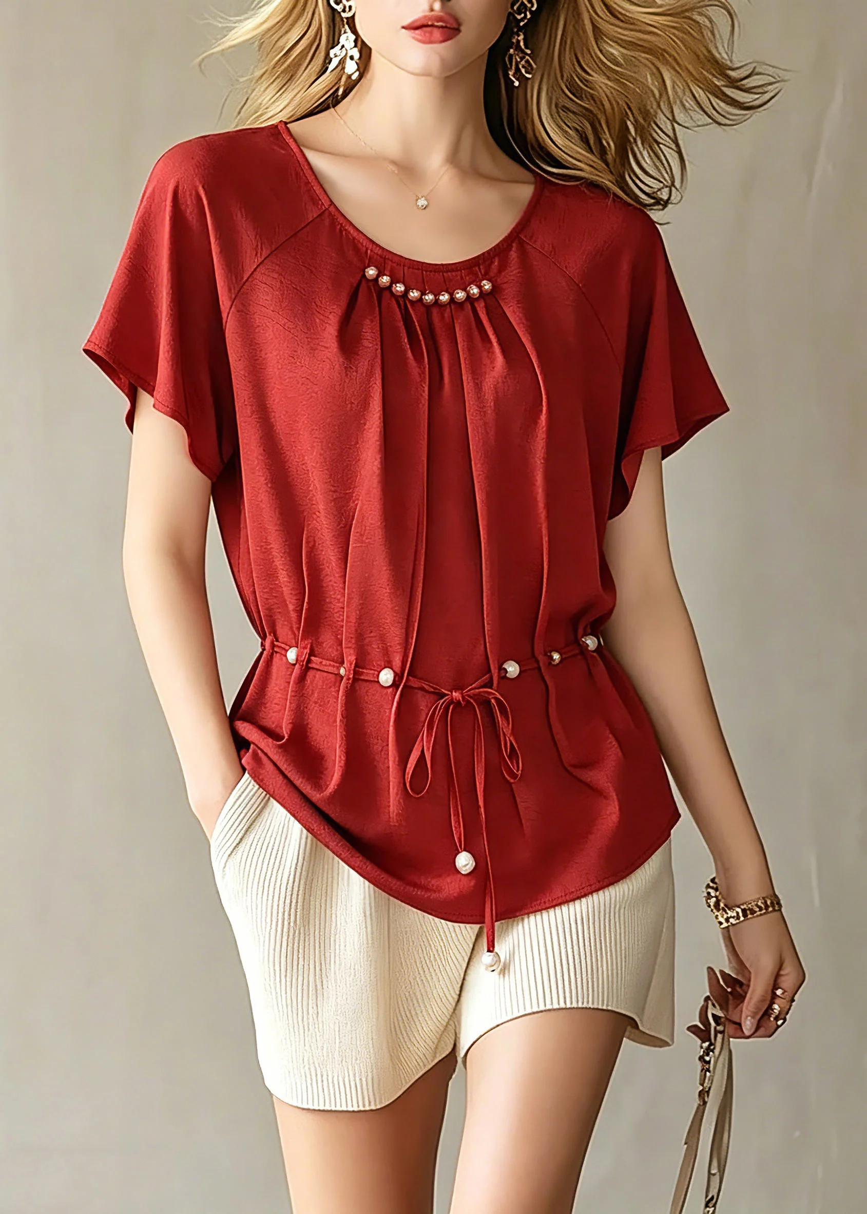 Fashion Red Wrinkled Tie Waist Chiffon Top Short Sleeve - Image 3