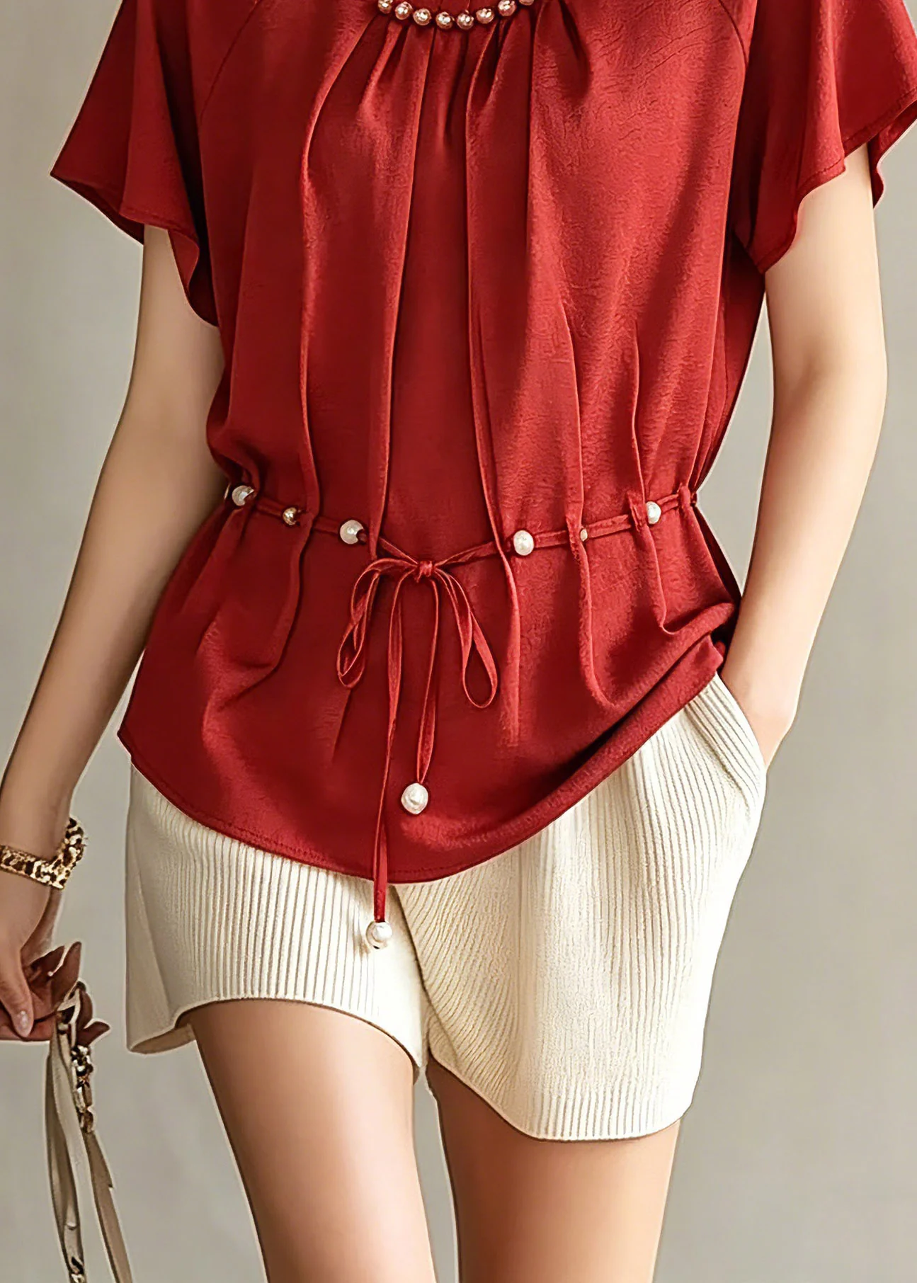 Fashion Red Wrinkled Tie Waist Chiffon Top Short Sleeve - Image 4