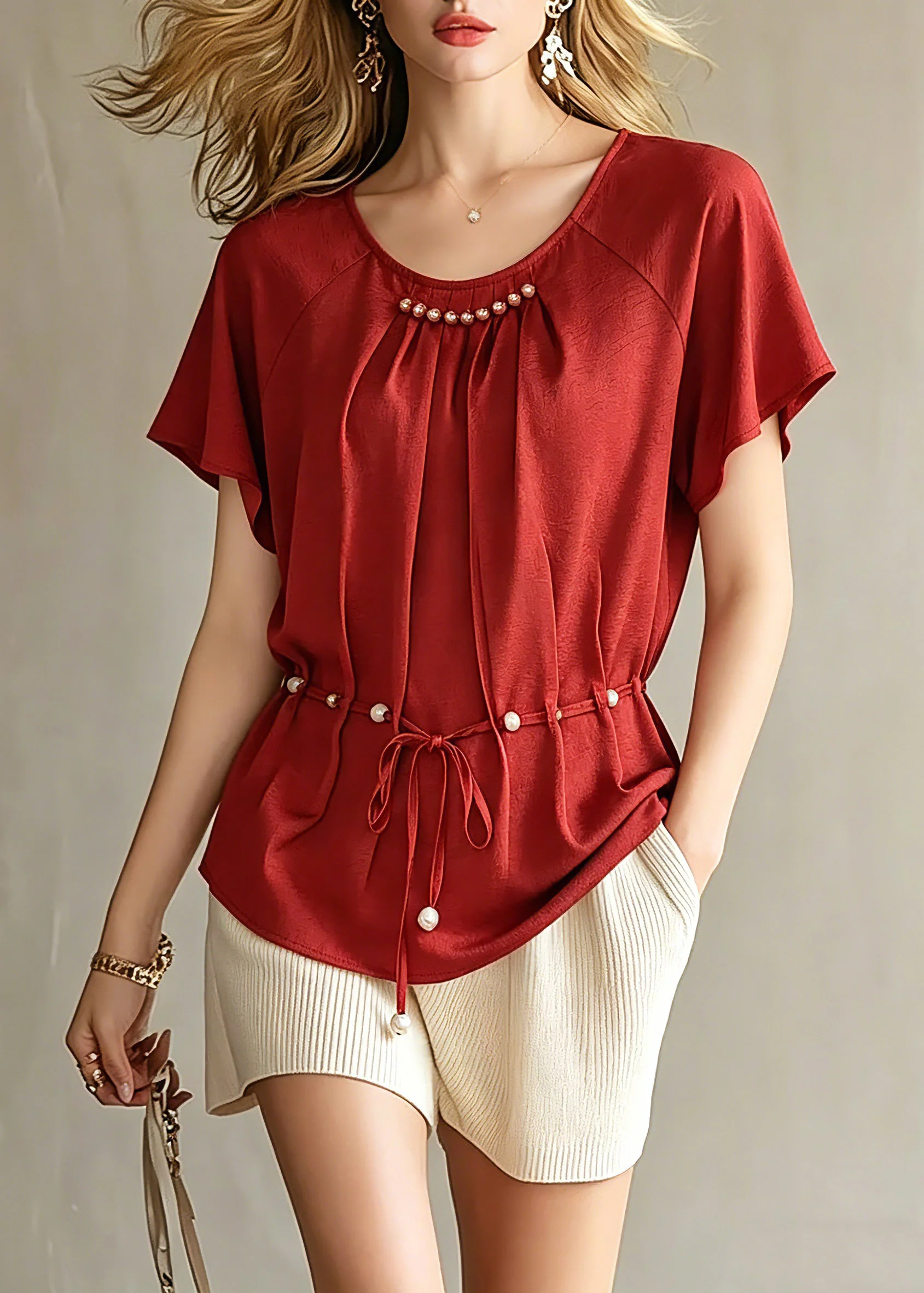 Fashion Red Wrinkled Tie Waist Chiffon Top Short Sleeve - Image 5