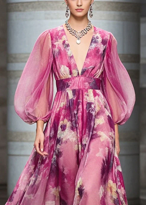 Fashion Rose Cinched Print Chiffon Robe Dresses Bracelet Sleeve - Image 2