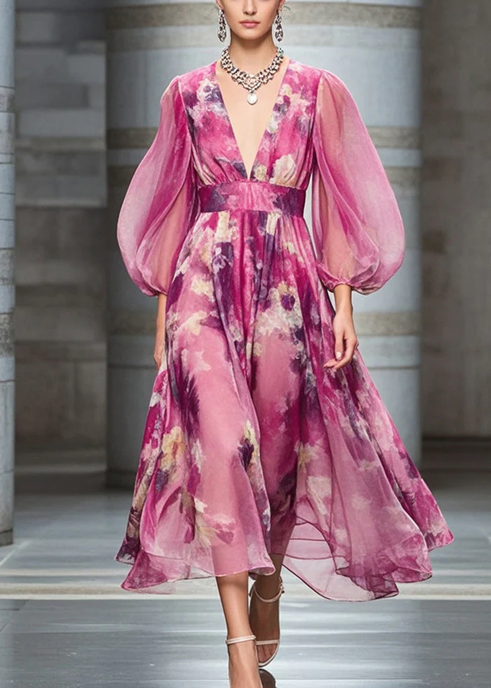 Fashion Rose Cinched Print Chiffon Robe Dresses Bracelet Sleeve - Image 3