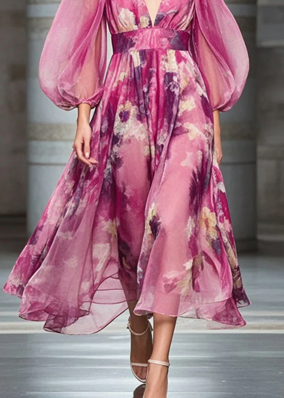 Fashion Rose Cinched Print Chiffon Robe Dresses Bracelet Sleeve - Image 4