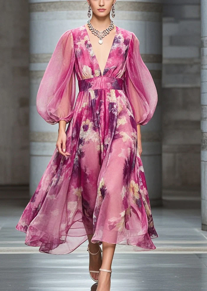Fashion Rose Cinched Print Chiffon Robe Dresses Bracelet Sleeve - Image 5