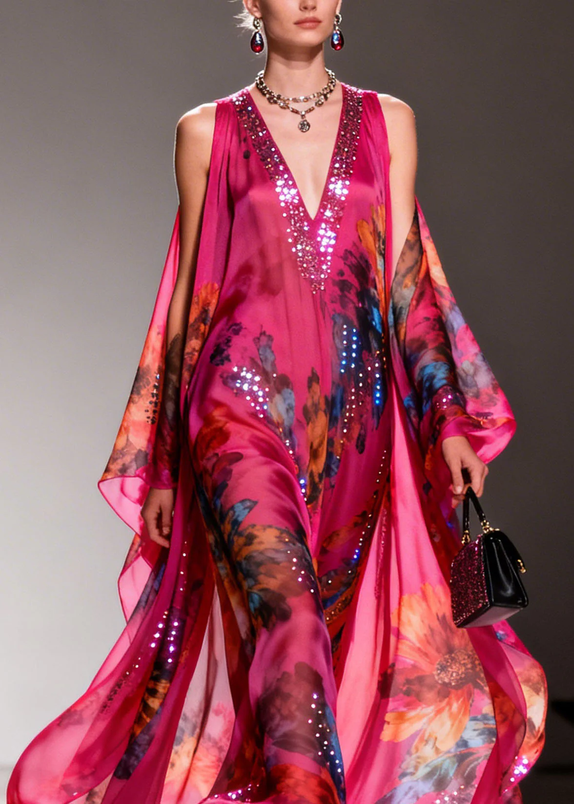 Fashion Rose Cold Shoulder Zircon Print Chiffon Long Dress Summer - Image 2
