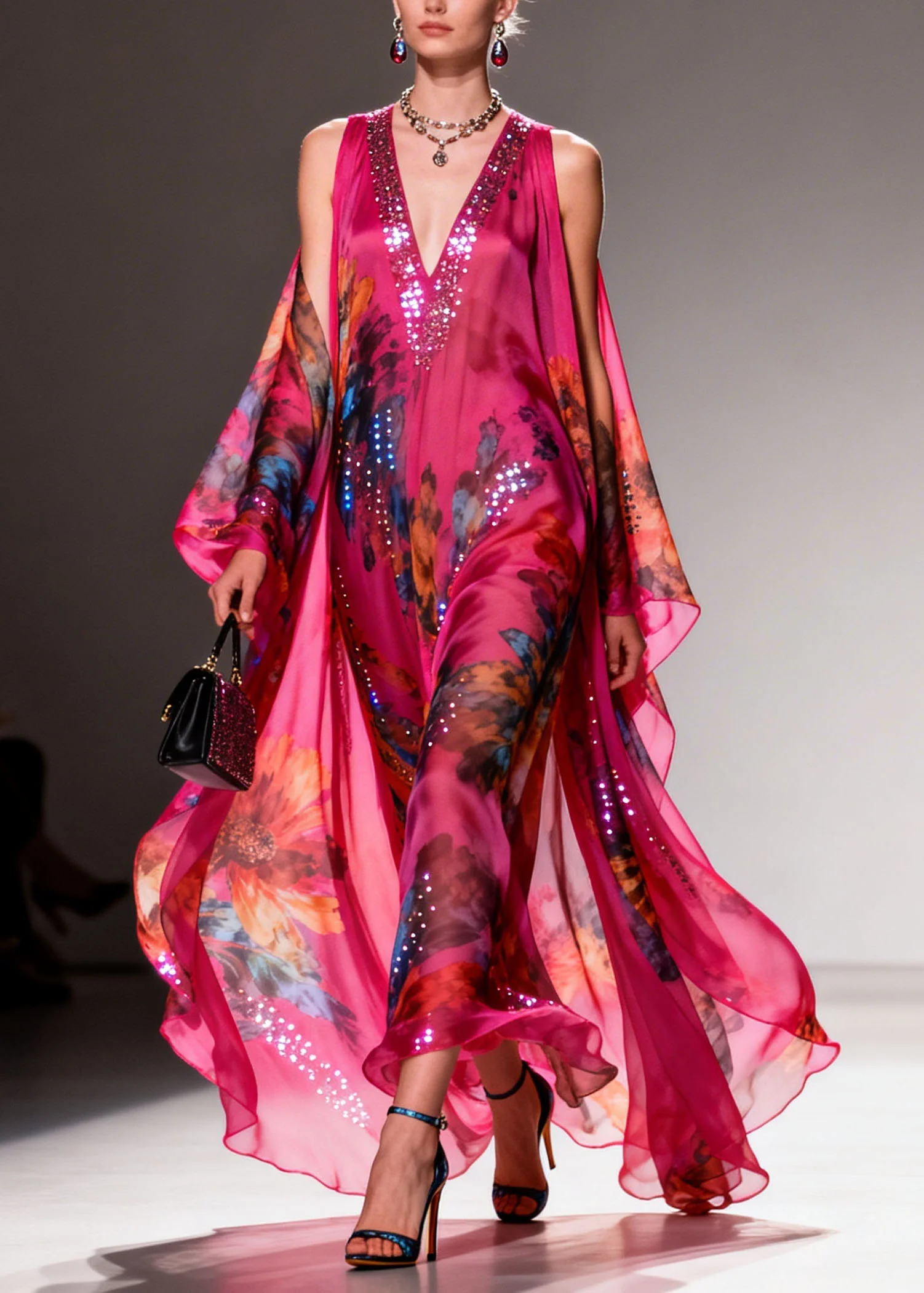 Fashion Rose Cold Shoulder Zircon Print Chiffon Long Dress Summer - Image 3