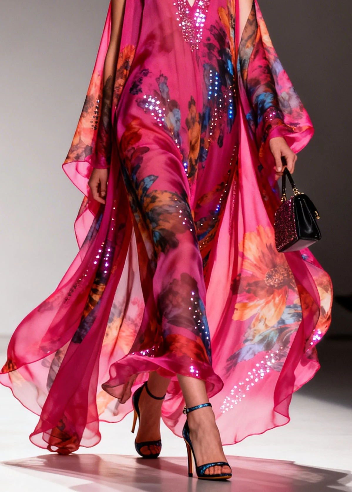 Fashion Rose Cold Shoulder Zircon Print Chiffon Long Dress Summer - Image 4