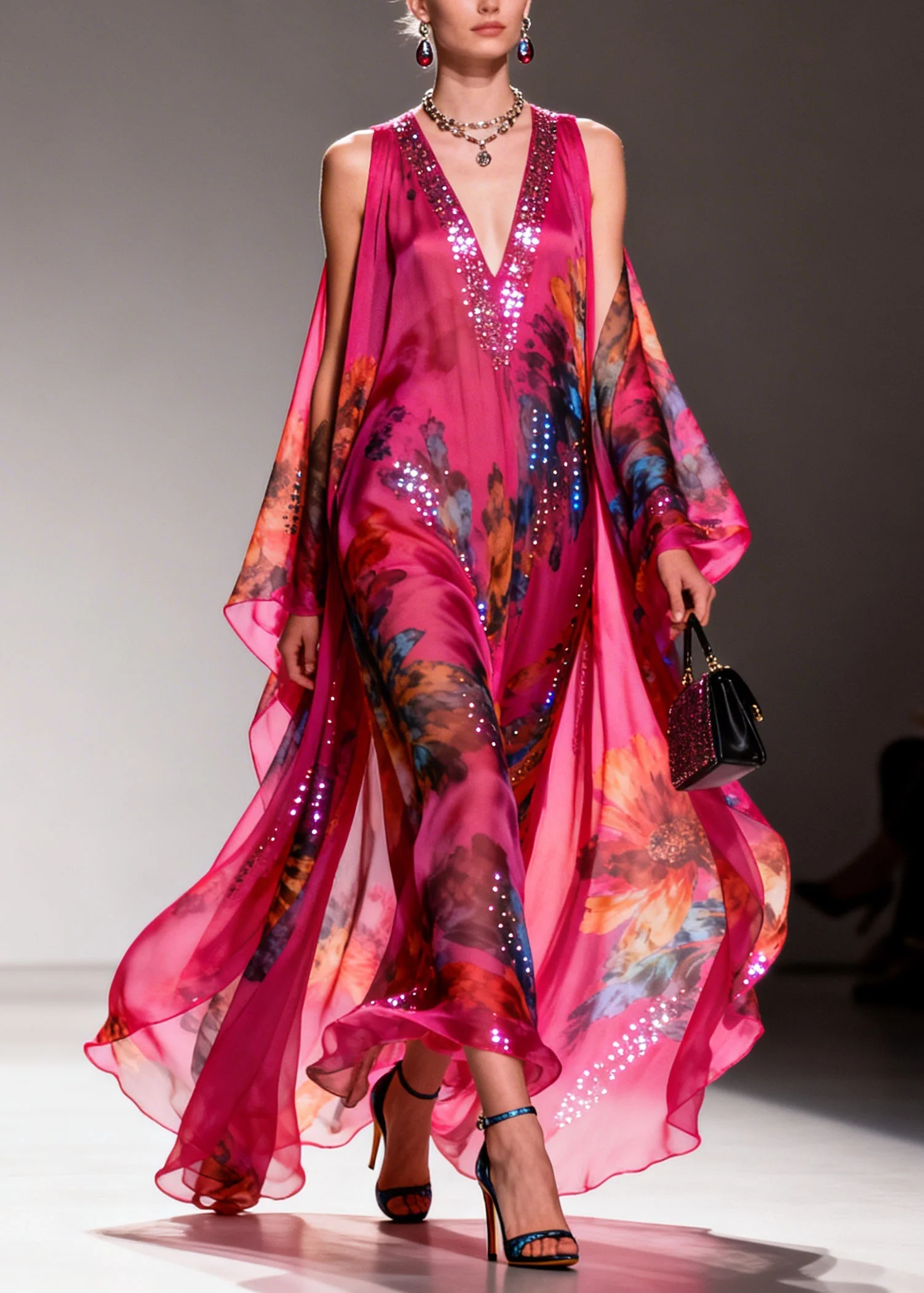 Fashion Rose Cold Shoulder Zircon Print Chiffon Long Dress Summer - Image 5