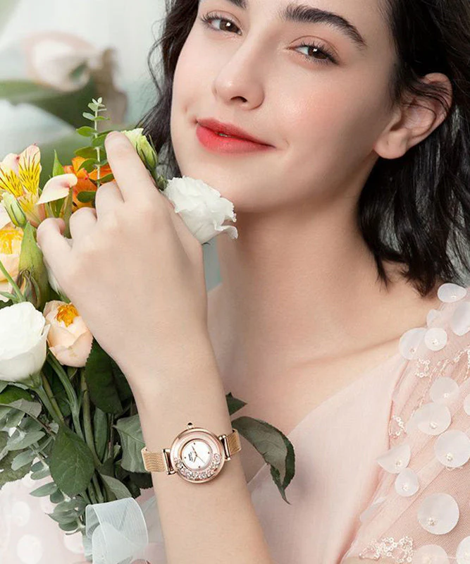 Fashion Rose Gold Stainless Steel Zircon Quartz Movement Crystal Mirror Watches - Image 2