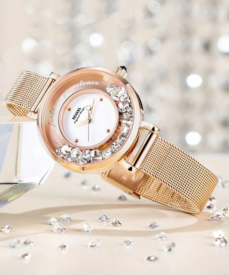 Fashion Rose Gold Stainless Steel Zircon Quartz Movement Crystal Mirror Watches - Image 3