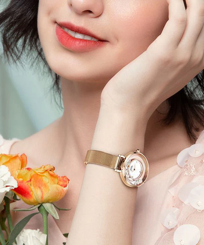 Fashion Rose Gold Stainless Steel Zircon Quartz Movement Crystal Mirror Watches - Image 4
